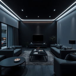 A modern and elegant living room highlighted by only cool lights