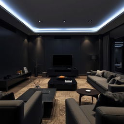 A modern and elegant living room highlighted by only cool lights