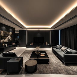 A modern and elegant living room highlighted by only cool lights