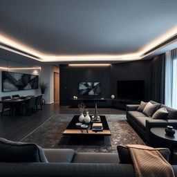 A modern and elegant living room highlighted by only cool lights