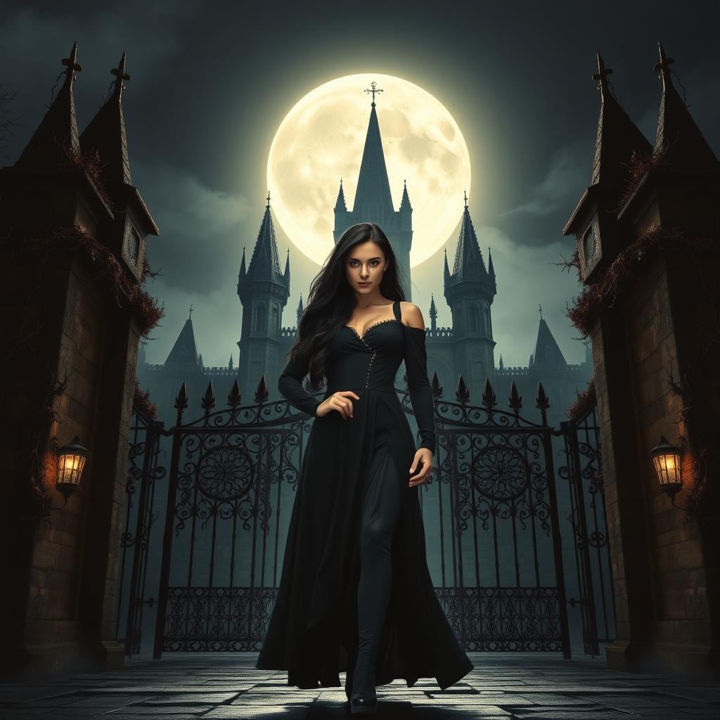 A striking book cover for a dark fantasy novel featuring a powerful woman with long black hair standing confidently before the grand, thorn-covered gates of a Gothic Victorian academy