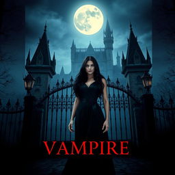 A striking book cover for a dark fantasy novel featuring a powerful woman with long black hair standing confidently before the grand, thorn-covered gates of a Gothic Victorian academy