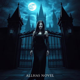 A striking book cover for a dark fantasy novel featuring a powerful woman with long black hair standing confidently before the grand, thorn-covered gates of a Gothic Victorian academy