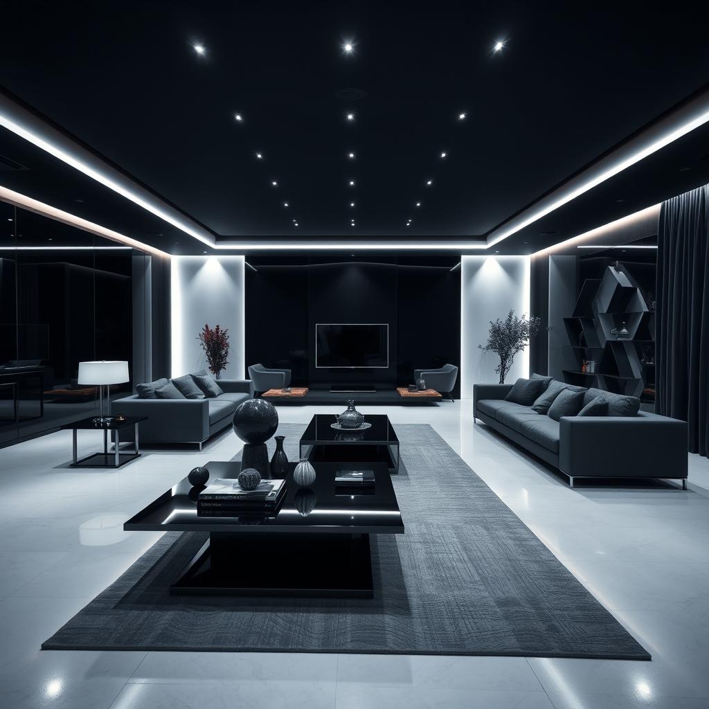 A modern and elegant living room illuminated exclusively by cool white lights