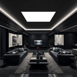 A modern and elegant living room illuminated exclusively by cool white lights