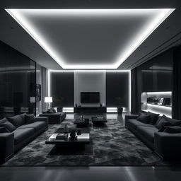 A modern and elegant living room illuminated exclusively by cool white lights