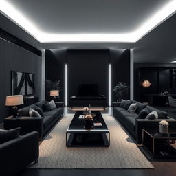 A modern and elegant living room illuminated exclusively by cool white lights