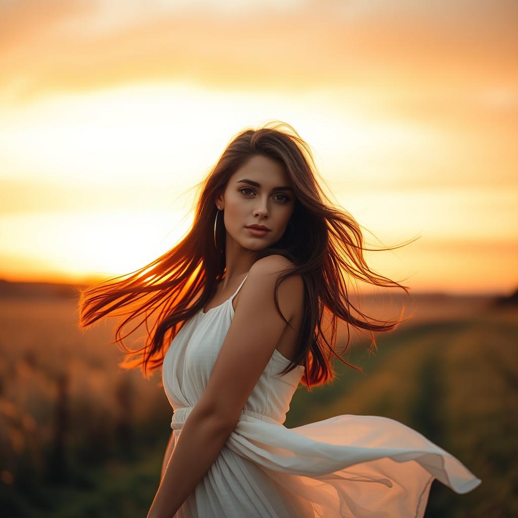 A poised and elegant female model with flowing brunette hair standing gracefully in a scenic countryside during sunrise