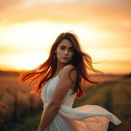 A poised and elegant female model with flowing brunette hair standing gracefully in a scenic countryside during sunrise