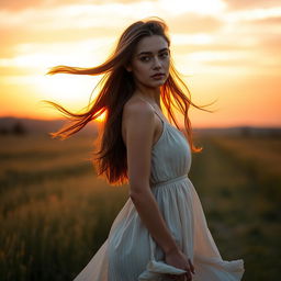 A poised and elegant female model with flowing brunette hair standing gracefully in a scenic countryside during sunrise