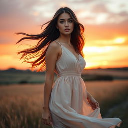 A poised and elegant female model with flowing brunette hair standing gracefully in a scenic countryside during sunrise