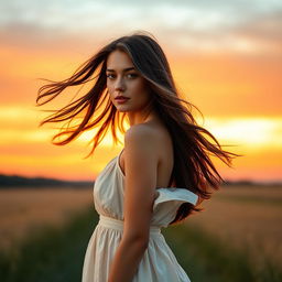 A poised and elegant female model with flowing brunette hair standing gracefully in a scenic countryside during sunrise