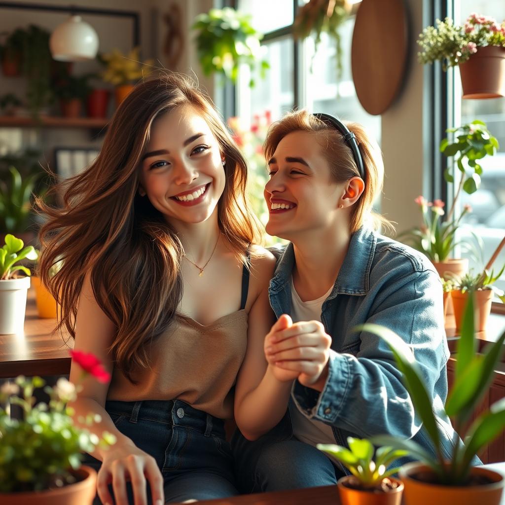 An intimate scene of two affectionate friends, one a girl with flowing brunette hair and a warm smile, the other gently holding her hand