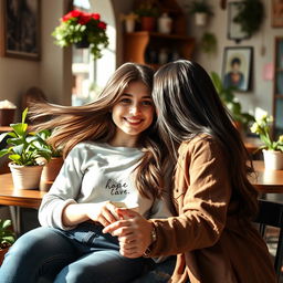 An intimate scene of two affectionate friends, one a girl with flowing brunette hair and a warm smile, the other gently holding her hand