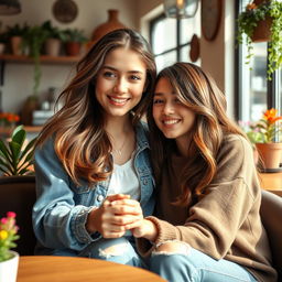 An intimate scene of two affectionate friends, one a girl with flowing brunette hair and a warm smile, the other gently holding her hand