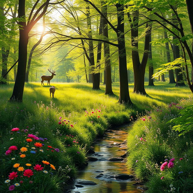 A serene forest glade during springtime, filled with colorful wildflowers and gentle sunlight filtering through the lush green canopy