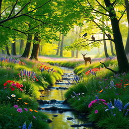 A serene forest glade during springtime, filled with colorful wildflowers and gentle sunlight filtering through the lush green canopy