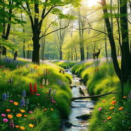 A serene forest glade during springtime, filled with colorful wildflowers and gentle sunlight filtering through the lush green canopy