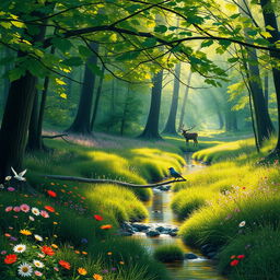 A serene forest glade during springtime, filled with colorful wildflowers and gentle sunlight filtering through the lush green canopy