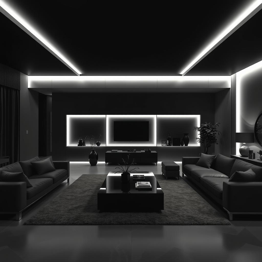 A modern and elegant living room, solely illuminated by cool white lights, emphasizing right angles throughout