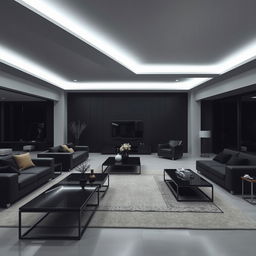 A modern and elegant living room, solely illuminated by cool white lights, emphasizing right angles throughout