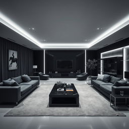 A modern and elegant living room, solely illuminated by cool white lights, emphasizing right angles throughout