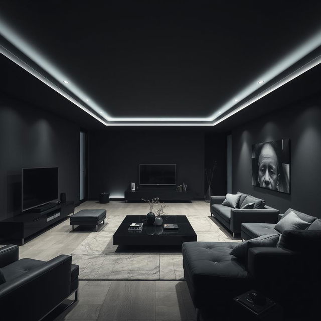 A modern and elegant living room, solely illuminated by cool white lights, emphasizing right angles throughout