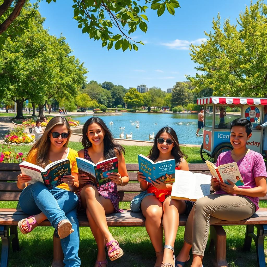 A group of five people sitting on a park bench, enjoying a sunny day