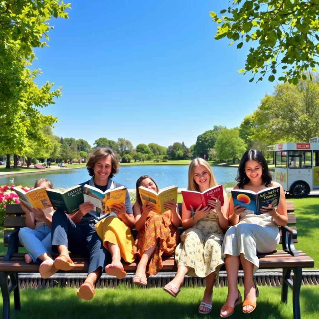 A group of five people sitting on a park bench, enjoying a sunny day