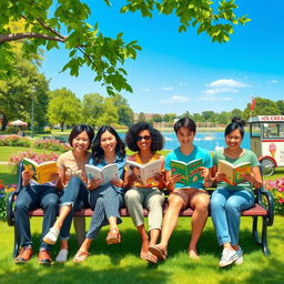 A group of five people sitting on a park bench, enjoying a sunny day