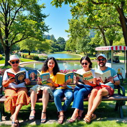 A group of five people sitting on a park bench, enjoying a sunny day