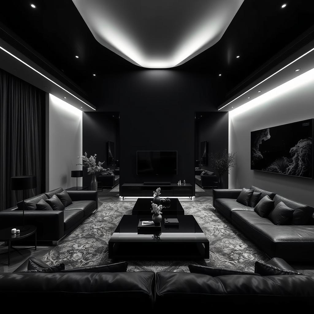 A modern and elegant living room, solely illuminated by cool white lights, with an emphasis on right angles throughout