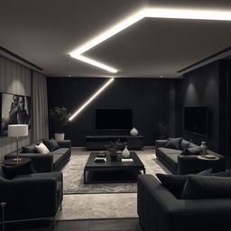 A modern and elegant living room, solely illuminated by cool white lights, with an emphasis on right angles throughout