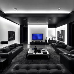 A modern and elegant living room, solely illuminated by cool white lights, with an emphasis on right angles throughout