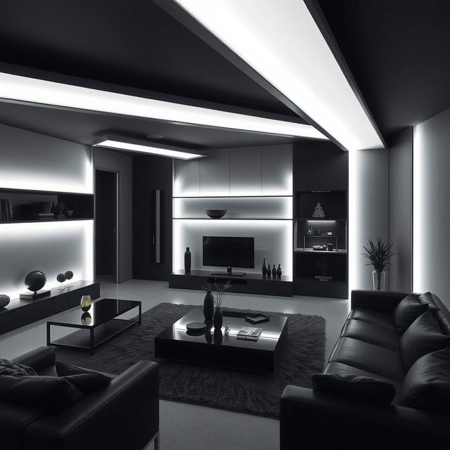 A modern and elegant living room, solely illuminated by cool white lights, with an emphasis on right angles throughout