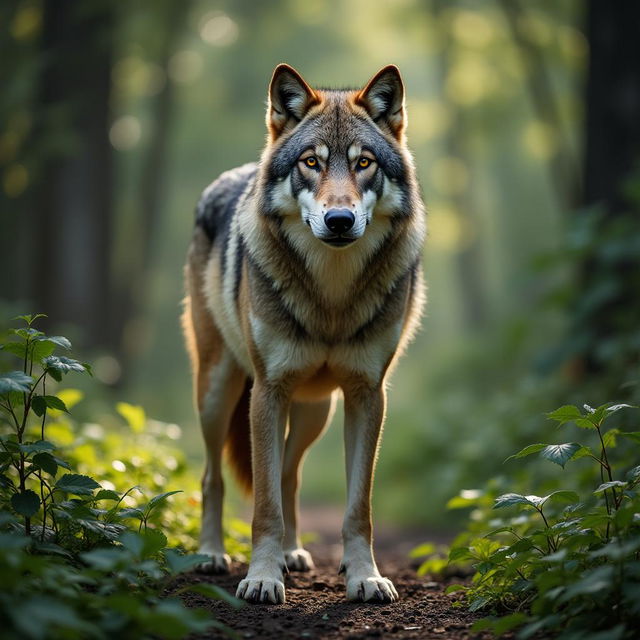 a majestic wolf standing in a natural forest setting, capturing its powerful stance and piercing gaze, perfect for a wildlife book cover