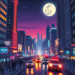 A vibrant nighttime cityscape with towering skyscrapers, a bustling street filled with people and neon lights reflecting off wet streets