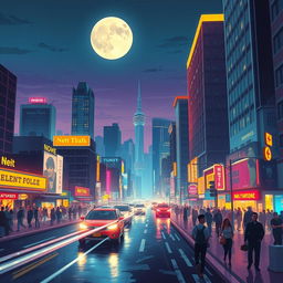 A vibrant nighttime cityscape with towering skyscrapers, a bustling street filled with people and neon lights reflecting off wet streets