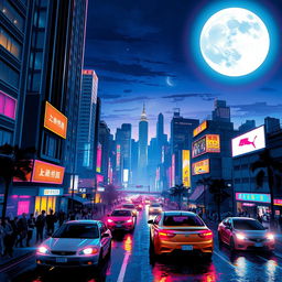 A vibrant nighttime cityscape with towering skyscrapers, a bustling street filled with people and neon lights reflecting off wet streets