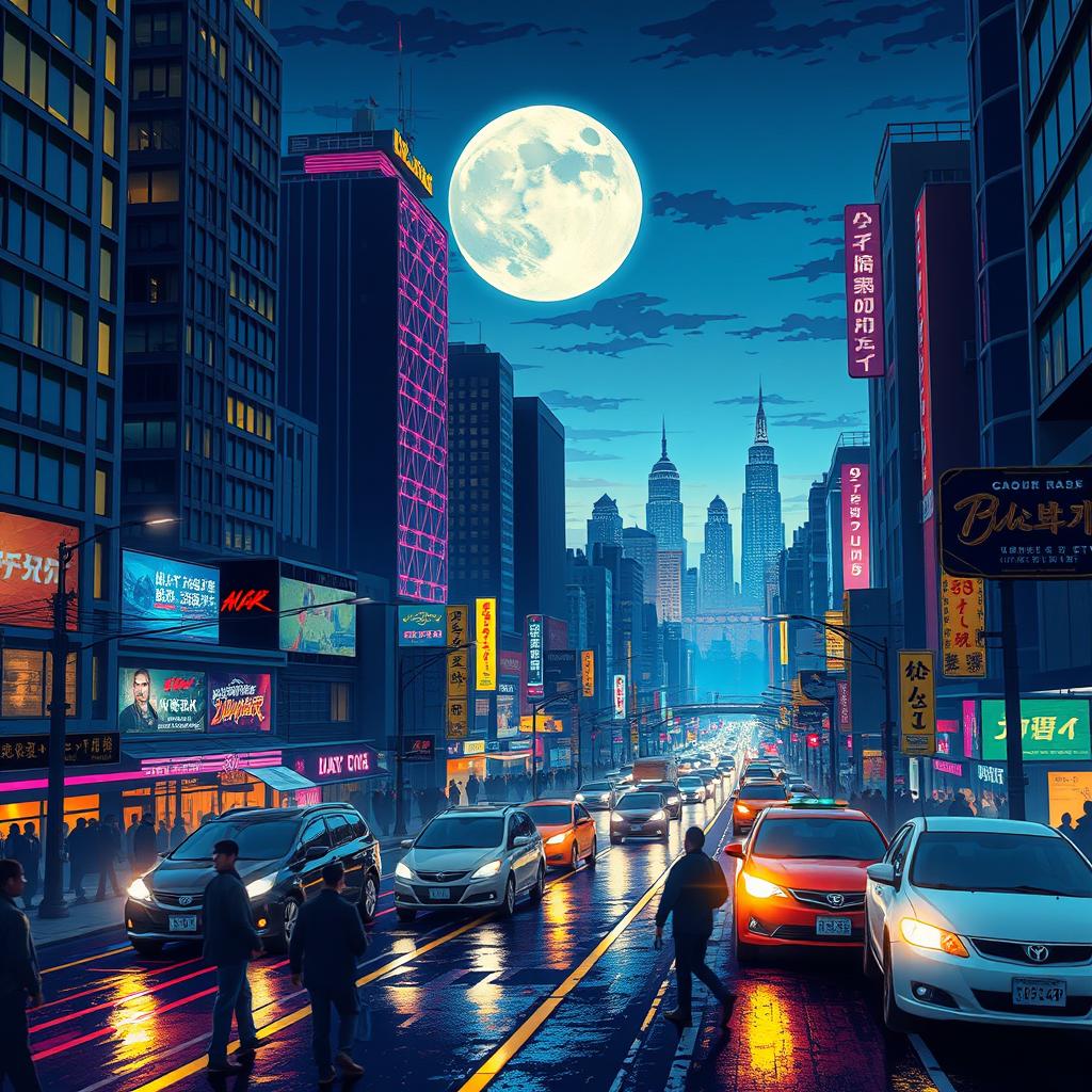 A vibrant nighttime cityscape with towering skyscrapers, a bustling street filled with people and neon lights reflecting off wet streets