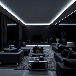 A modern and elegant living room, solely illuminated by cool white lights, highlighting numerous right angles throughout