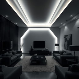 A modern and elegant living room, solely illuminated by cool white lights, highlighting numerous right angles throughout