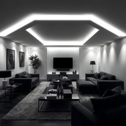 A modern and elegant living room, solely illuminated by cool white lights, highlighting numerous right angles throughout