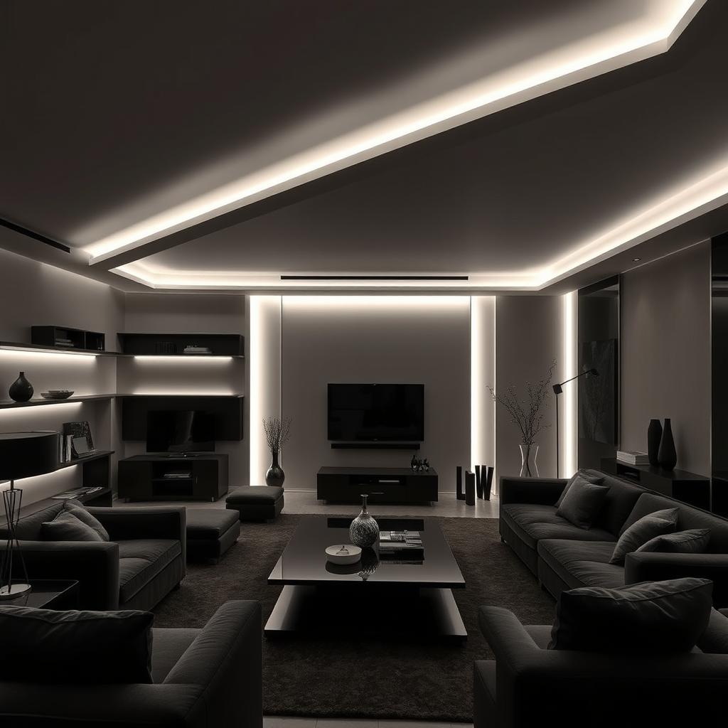 A modern and elegant living room, solely illuminated by cool white lights, highlighting numerous right angles throughout