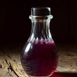 A glistening, viscous drizzle of grape syrup, its rich purple hue reflecting light, sitting in a crystal clear glass carafe on a rustic wooden table