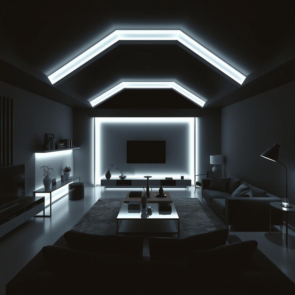 A modern and elegant living room exclusively illuminated by cool white lights, featuring an emphasis on numerous right angles throughout