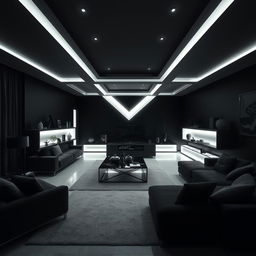 A modern and elegant living room exclusively illuminated by cool white lights, featuring an emphasis on numerous right angles throughout