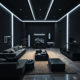 A modern and elegant living room exclusively illuminated by cool white lights, featuring an emphasis on numerous right angles throughout