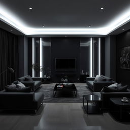 A modern and elegant living room exclusively illuminated by cool white lights, featuring an emphasis on numerous right angles throughout