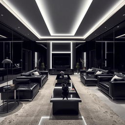 A modern and elegant living room, solely illuminated by cool white lights, emphasizing many right angles